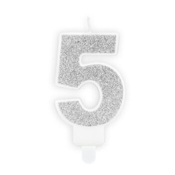 Kakkukynttilä hopea glitter, numero 5