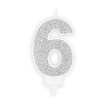 Kakkukynttilä hopea glitter, numero 6
