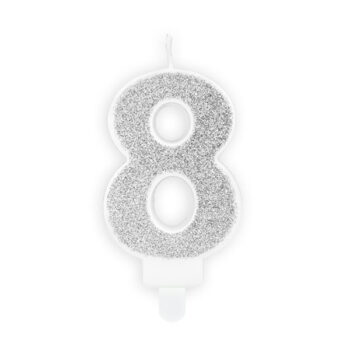 Kakkukynttilä hopea glitter, numero 8