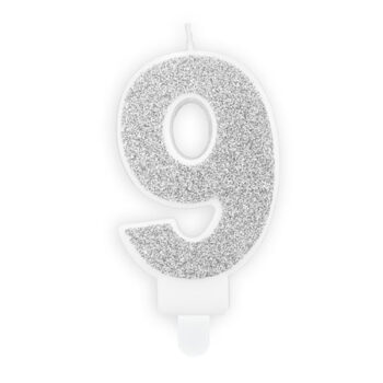 Kakkukynttilä hopea glitter, numero 9