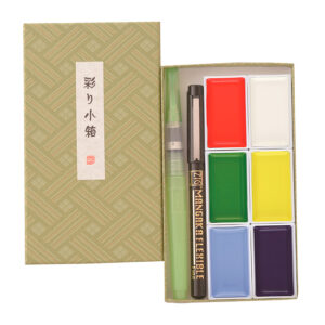 Kuretake Gansai Tambi akvarellisetti 6 väriä, Irodori Kobako vihreä paperirasia