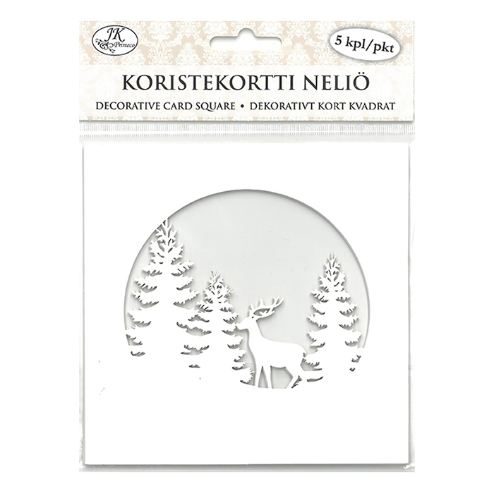 Koristekortti neliö Kuuset ja poro valkoinen